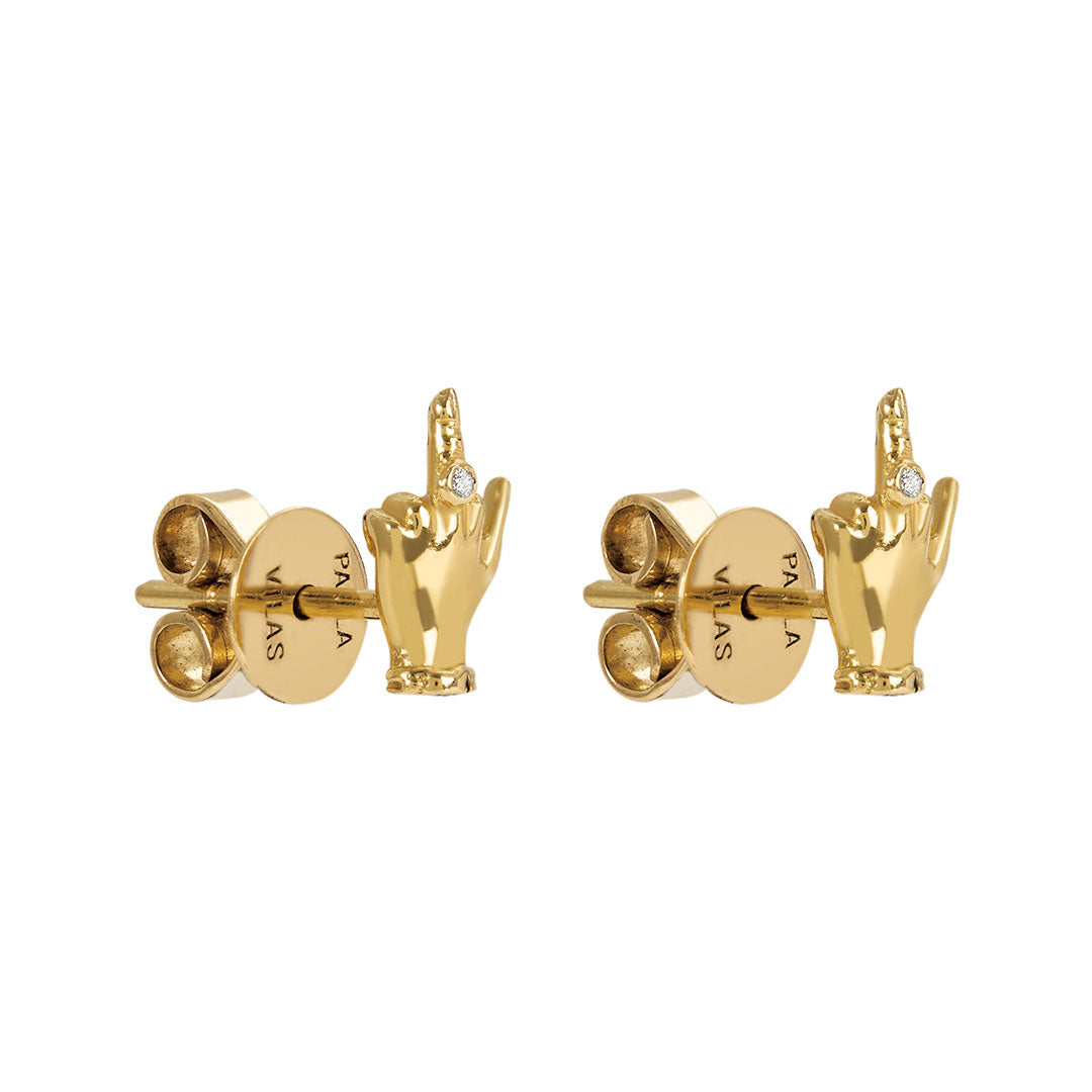 Brincos Paola Vilas em ouro 18k de mini dedo do meio com diamantes